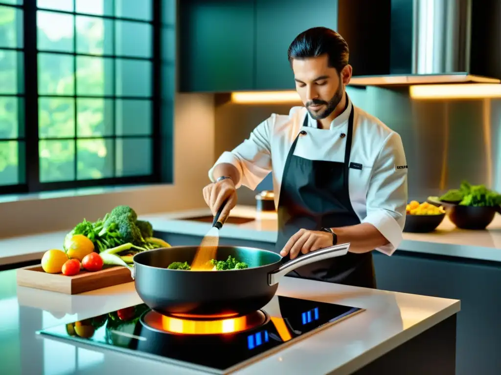 Una cocina moderna con una elegante placa de inducción HIJ iluminando una olla grande con verduras vibrantes, mientras un chef remueve con precisión