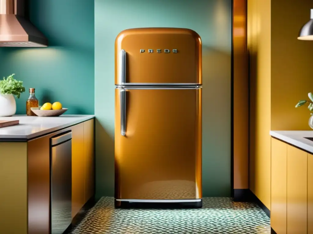 Una cocina moderna con un elegante refrigerador vintage, resaltando la integración de electrodomésticos vintage en un estilo de vida contemporáneo