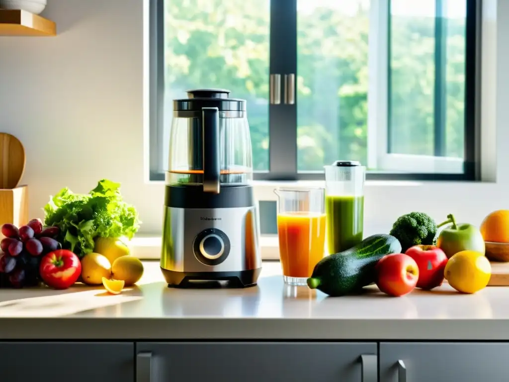 Una cocina moderna con licuadora y extractor, frutas y verduras frescas