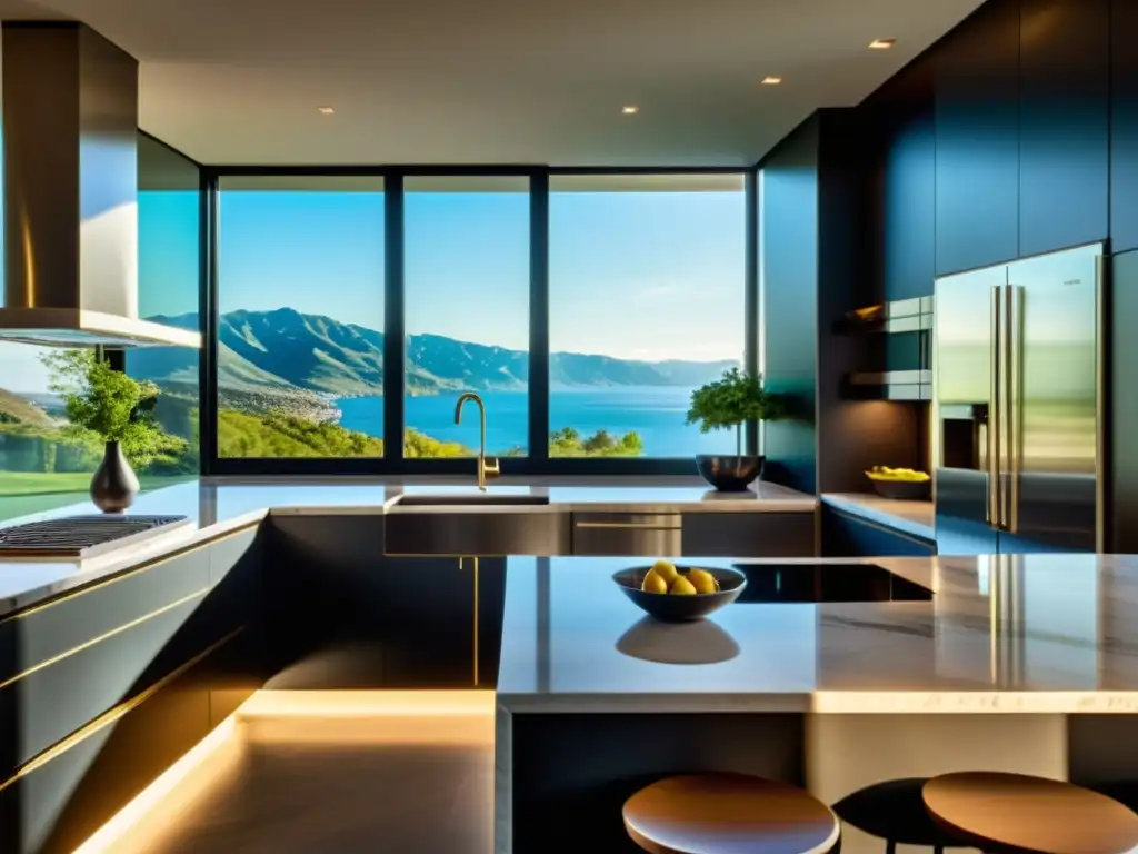 Una cocina moderna de lujo con electrodomésticos de acero inoxidable, encimera de mármol y una gran ventana con vista escénica
