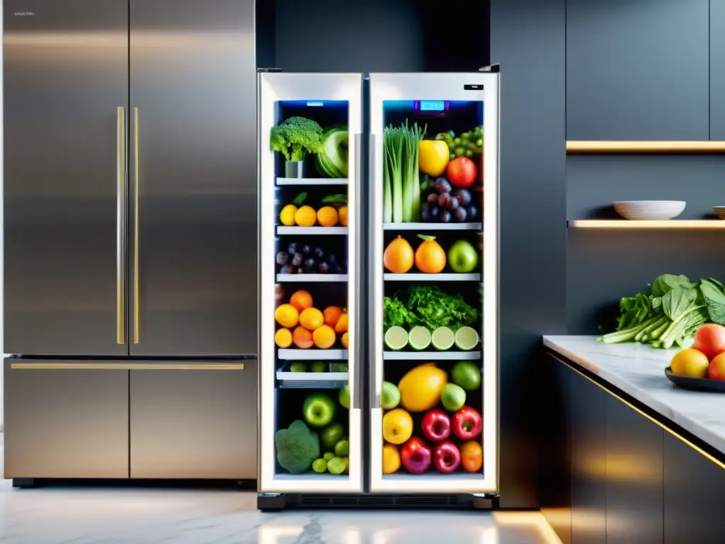 Una cocina moderna y lujosa con un refrigerador inteligente, frutas y verduras coloridas