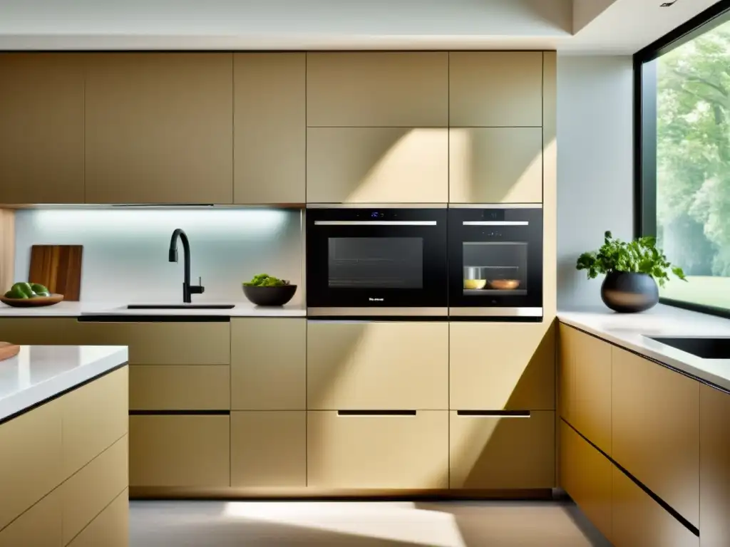 Una cocina moderna con los mejores electrodomésticos ecoamigables 2023, diseño minimalista, líneas limpias y paleta de colores relajante