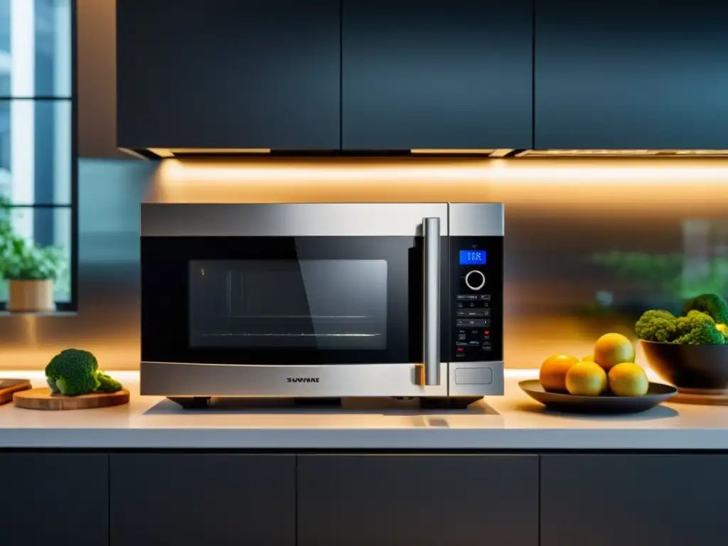 Una cocina moderna con microondas de alta tecnología como punto focal, resaltando la seguridad y alimentación sana con avanzada tecnología