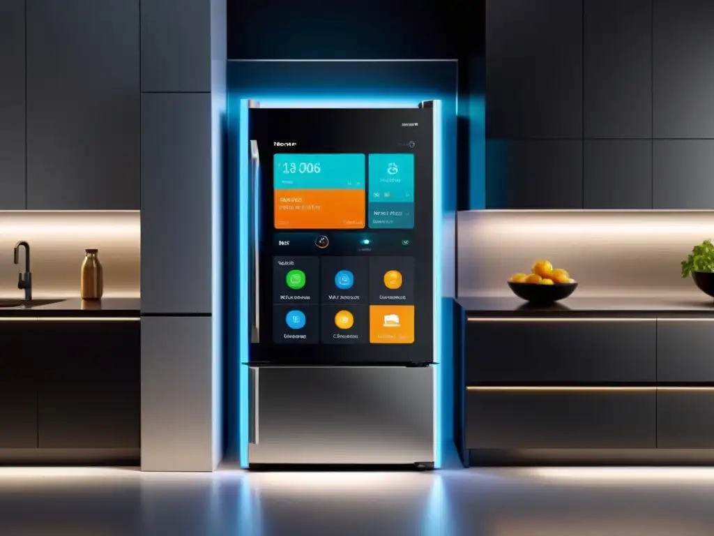 Una cocina moderna con una nevera de pantalla flexible integrada en la puerta, creando un ambiente futurista y acogedor con tecnología para el hogar