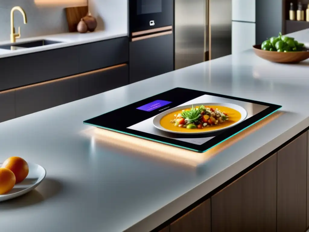 Una cocina moderna con pantallas flexibles tecnología hogar integradas en la encimera, mostrando opciones de cocina y entretenimiento