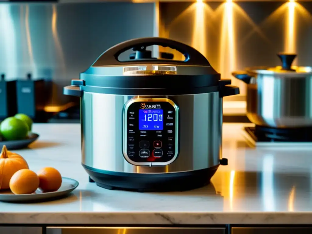 Una cocina moderna con el Instant Pot como centro, rodeado de ingredientes frescos