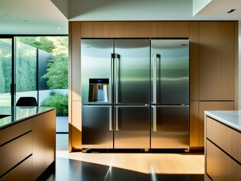 Una cocina moderna con un refrigerador de acero inoxidable reacondicionado en un ambiente contemporáneo y elegante