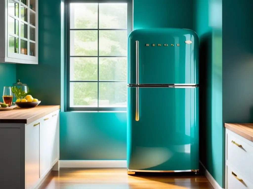 Una cocina moderna con un refrigerador vintage renovado en un vibrante color turquesa