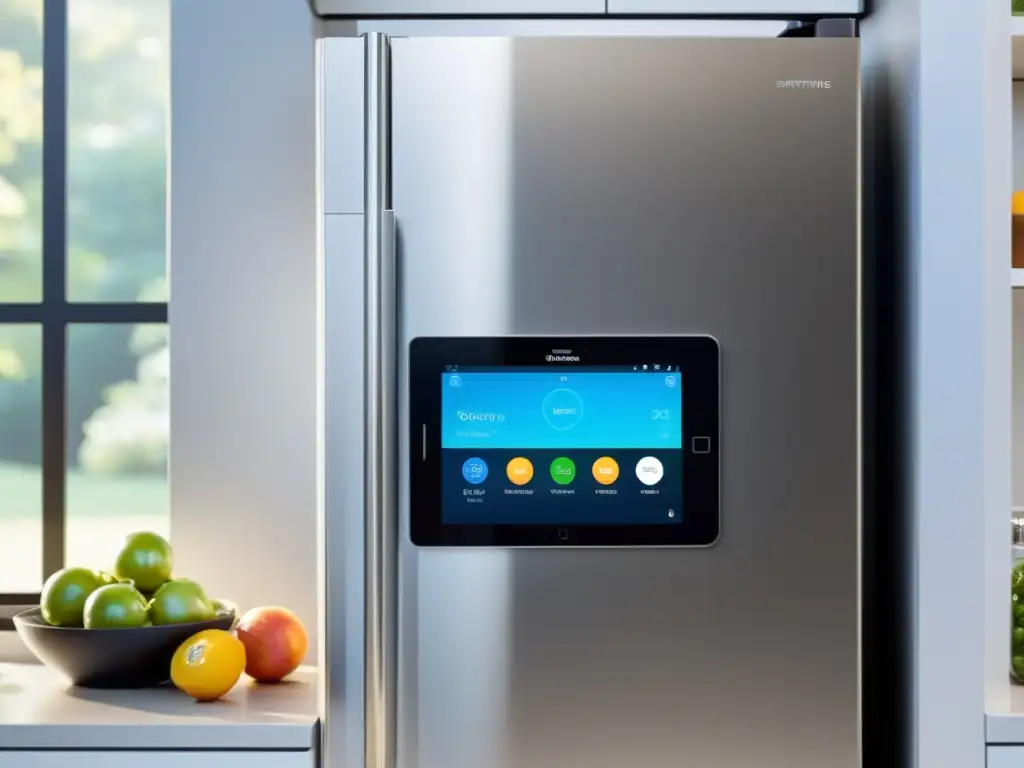 Una cocina moderna con la app SmartThings en un tablet, mostrando electrodomésticos conectados en acción