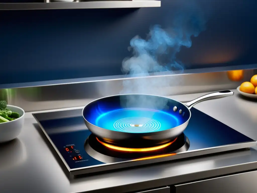 Una cocina moderna con tecnología de inducción de alta eficiencia energética, mostrando vibrantes llamas azules y un ambiente sofisticado