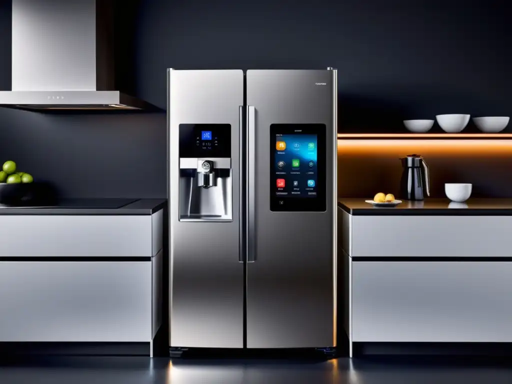 Una cocina moderna con tecnologías emergentes en electrodomésticos conectados, incluyendo un refrigerador futurista con pantalla táctil, un horno controlado por voz y una cafetera conectada