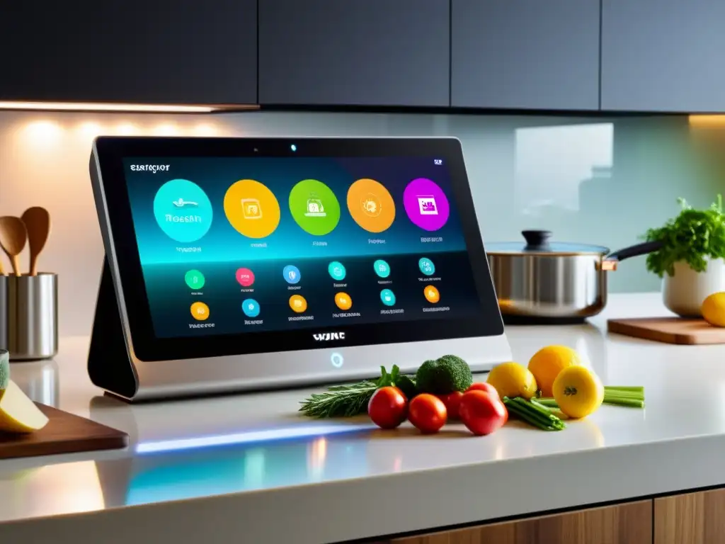 Smart display en la cocina mostrando recetas vibrantes con estilo moderno