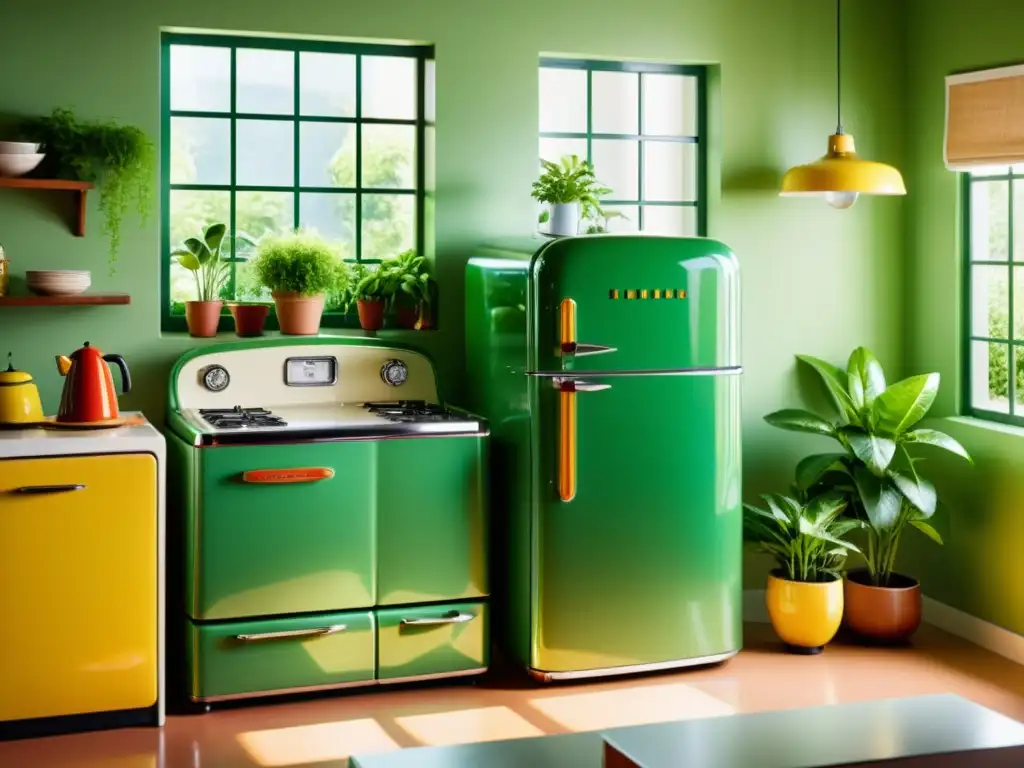 Una cocina retro con electrodomésticos vintage relucientes y plantas verdes vibrantes, bañada por la cálida luz del sol