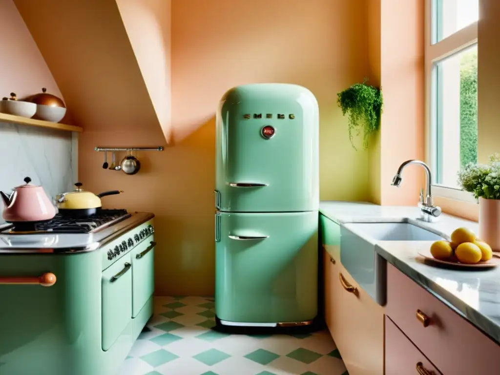 Una cocina retro elegante con electrodomésticos estilo retro de marcas líderes, en tonos pastel, sobre encimera de mármol iluminada por luz natural