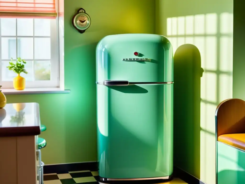 Una cocina retro con un refrigerador vibrante y color pastel, decoración vintage y una cálida luz solar