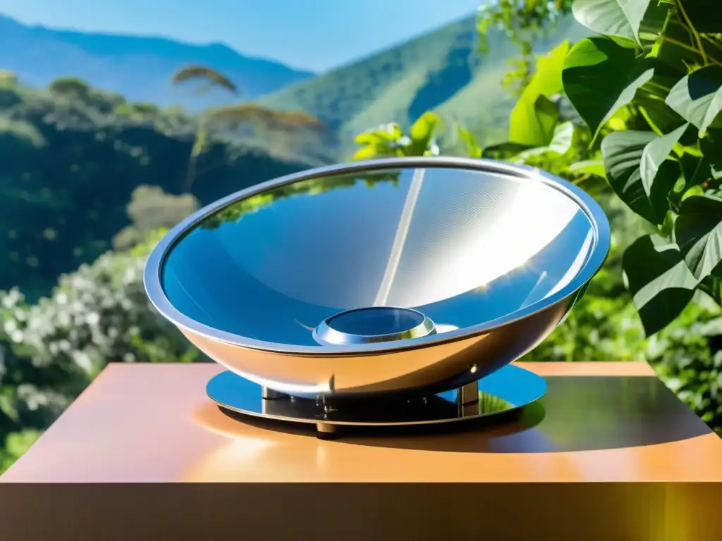 Una cocina solar moderna y elegante con reflejos de luz, rodeada de naturaleza