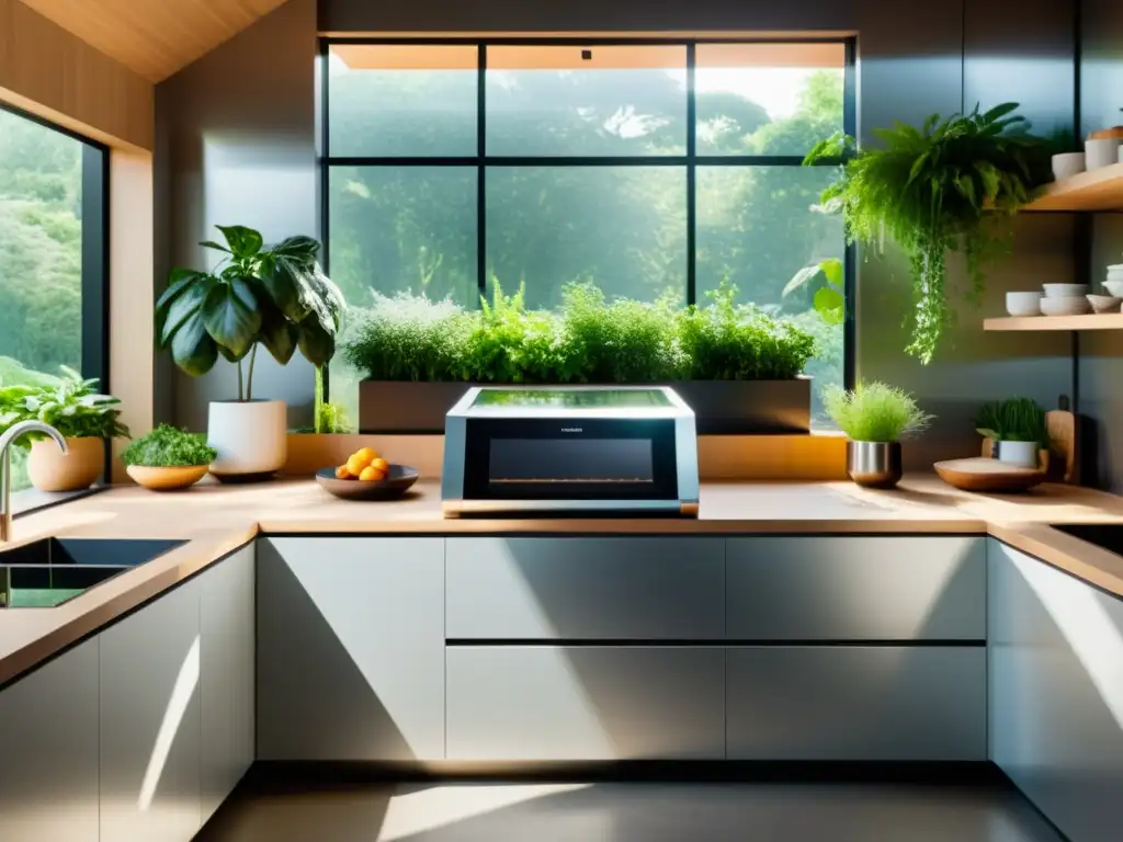 Cocina solar sostenible para hogar: moderna, minimalista, ecoamigable, con electrodomésticos solares y luz natural entre plantas verdes