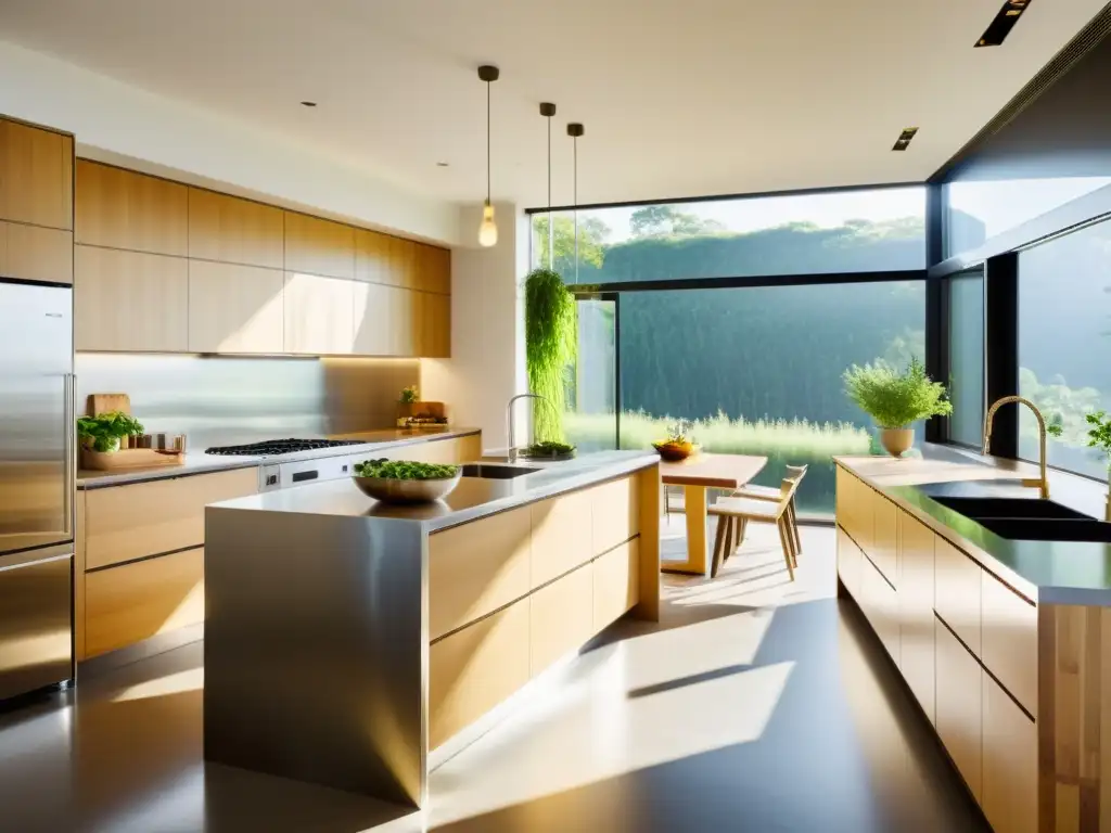 Cocina sostenible con electrodomésticos solares, luz natural y diseño elegante