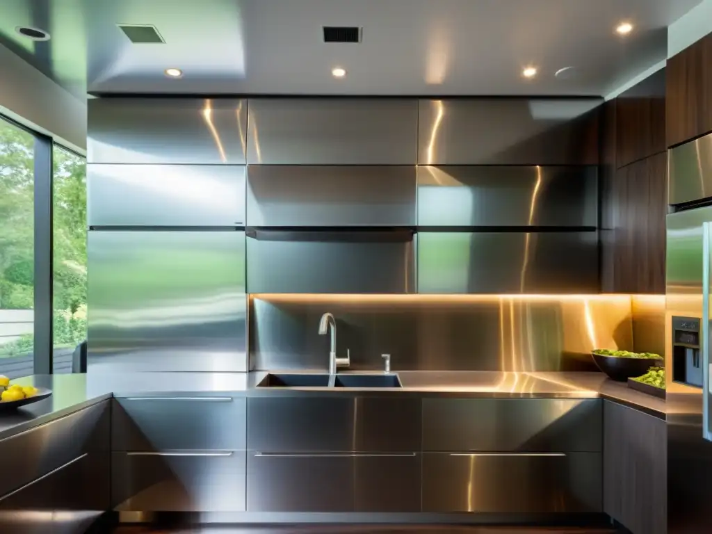 Una cocina ultramoderna con acabados metálicos para cocina, elegante y lujosa, bañada por la luz solar y contrastada con suelos de madera oscura