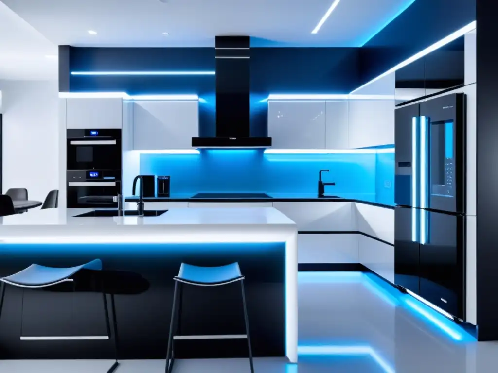 Una cocina ultramoderna con electrodomésticos de diseño futurista integrados en un ambiente minimalista y sofisticado