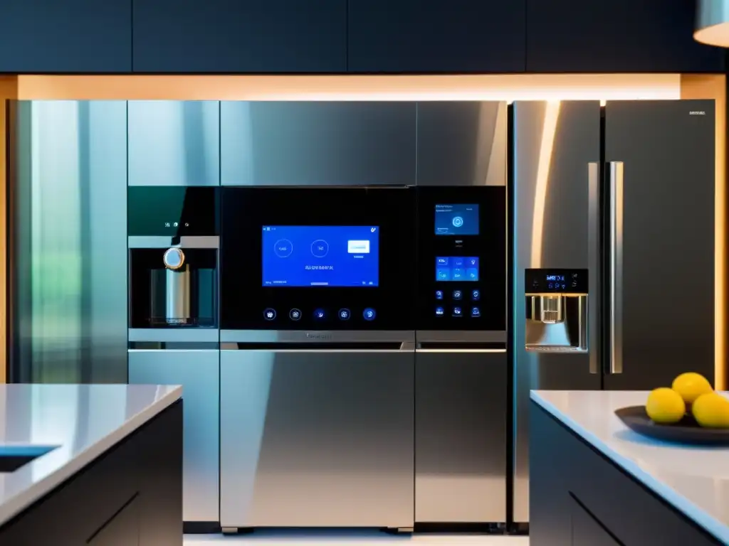 Una cocina ultramoderna con electrodomésticos inteligentes de acero inoxidable integrados en un diseño minimalista y elegante