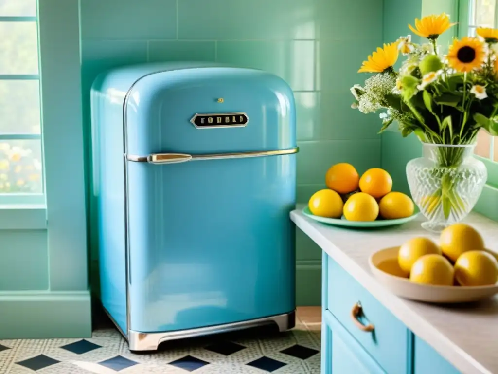 Una cocina vibrante con electrodomésticos retro para el hogar, incluyendo un refrigerador azul pastel como punto focal