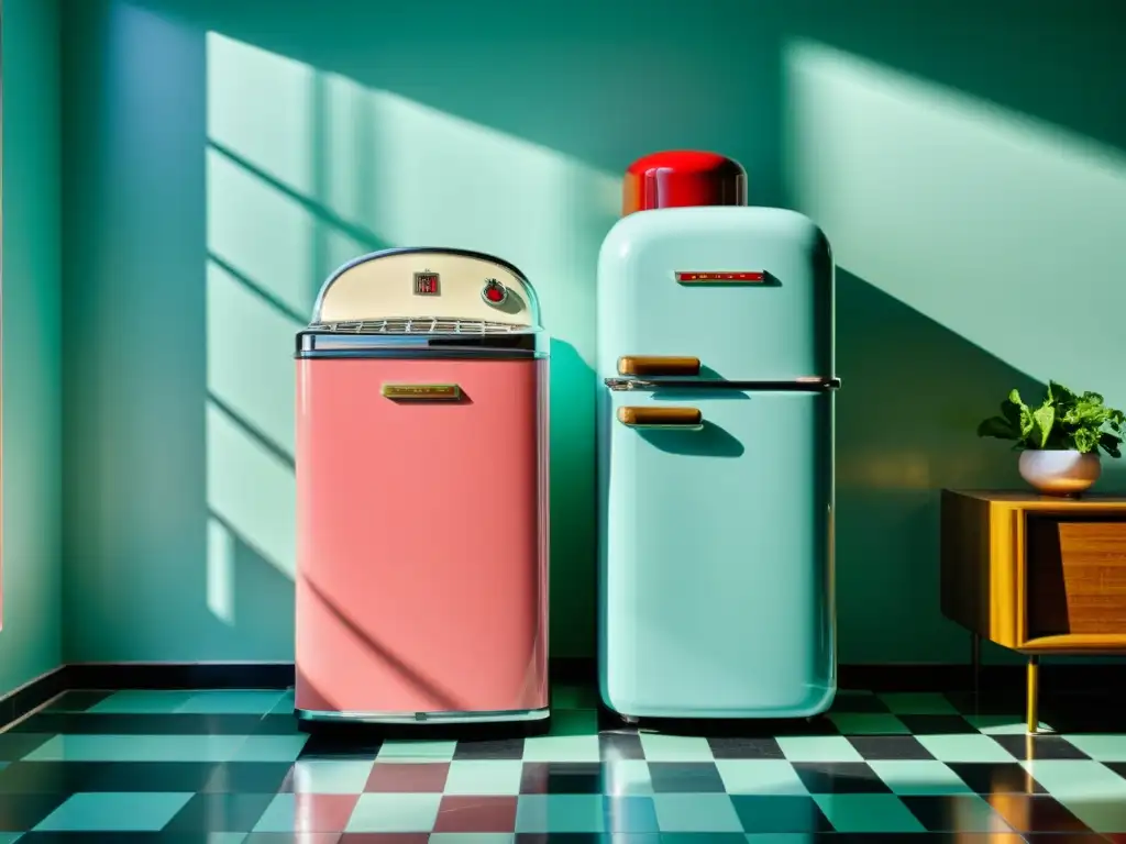 Una cocina vintage con electrodomésticos en diseño interior, paleta de colores vibrantes y encanto nostálgico