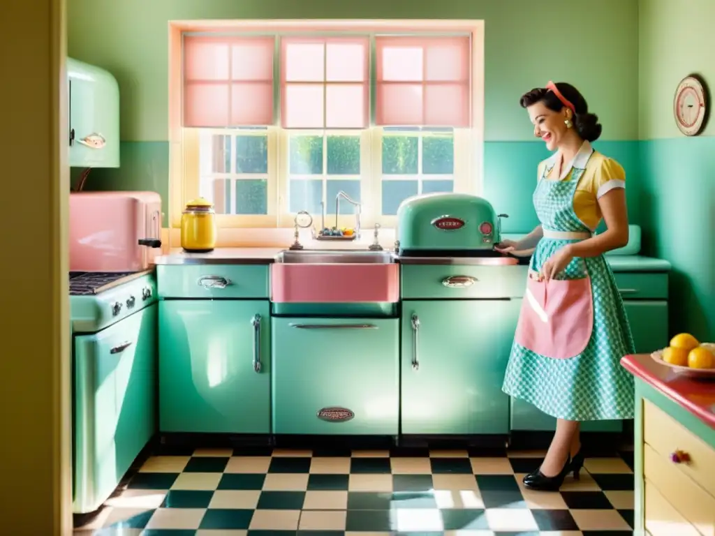 Una cocina vintage con electrodomésticos retro, una mujer sonriente prepara una comida