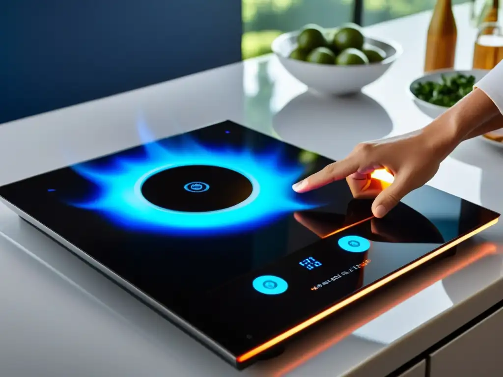 Un cocinero ajusta innovaciones en cocinas de inducción mientras las llamas azules dan vida al elegante y moderno cooktop