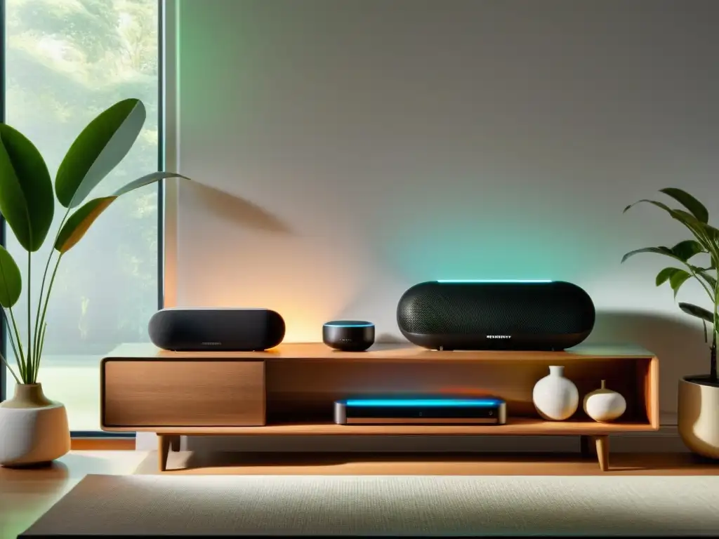 Comparativa altavoces inteligentes vs tradicionales: Sala moderna con altavoces de diseño futurista y clásico