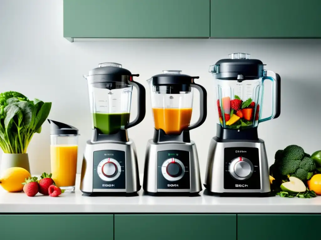 Comparativa batidoras de vaso Bosch Oster: Blenders modernos rodeados de ingredientes frescos, resaltando su calidad profesional