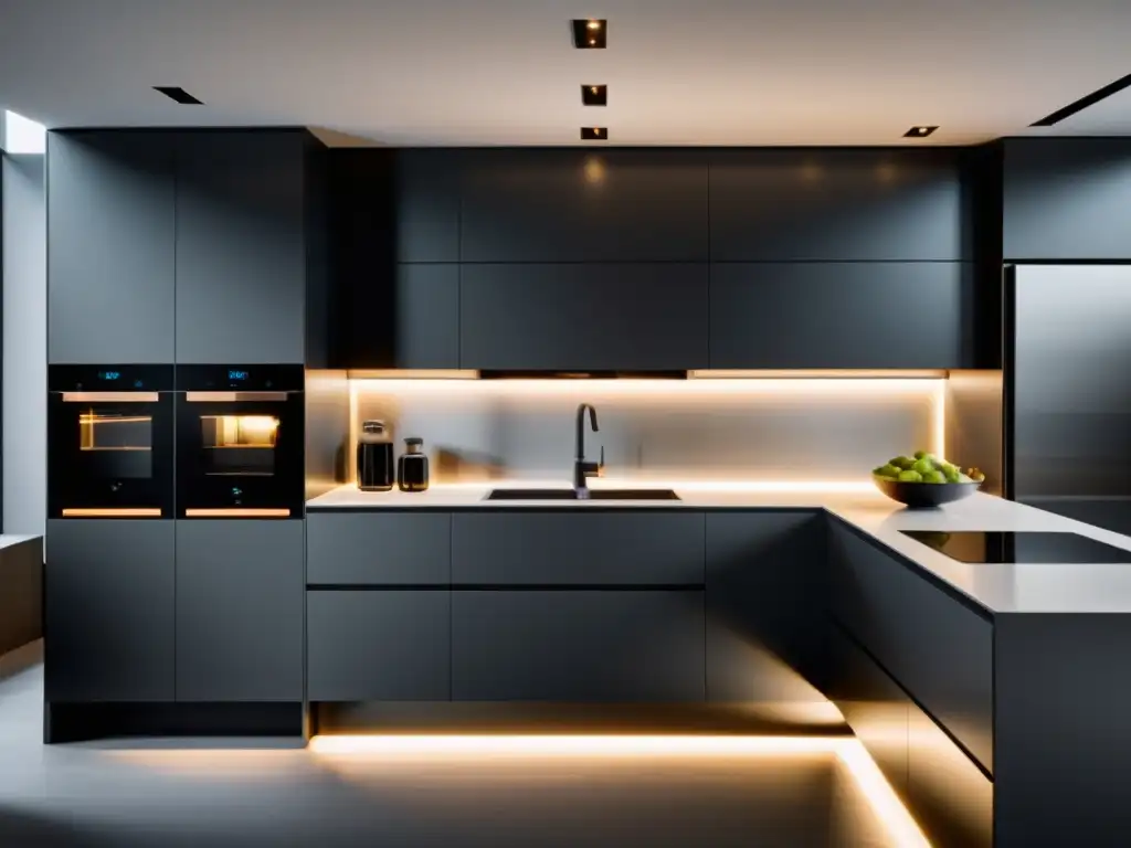 Comparativa de electrodomésticos tradicionales en tonos grises y modernos brillando con luz futurista en una cocina minimalista y elegante