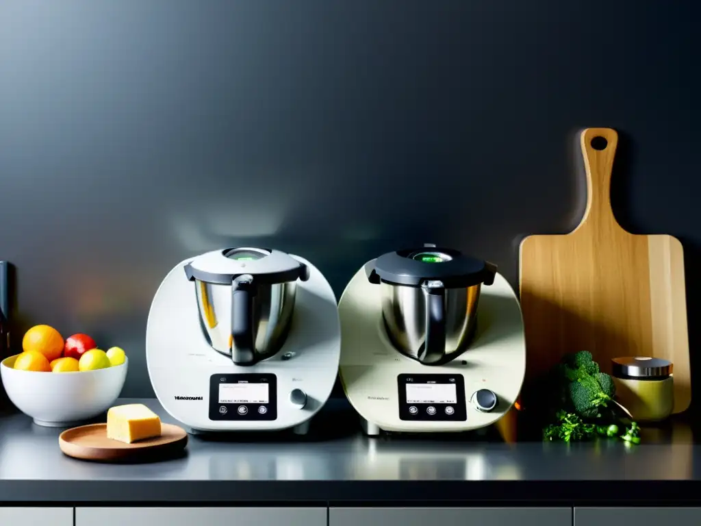 Comparativa robots cocina Moulinex iCompanion y Thermomix TM6 en cocina moderna, iluminación natural y diseño elegante