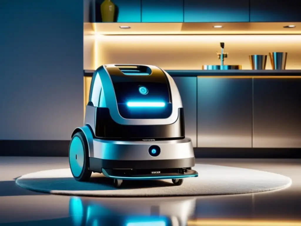 Comparativa robots limpieza vs servicios tradicionales: Un robot futurista al lado de un carro de limpieza tradicional en una habitación impecable