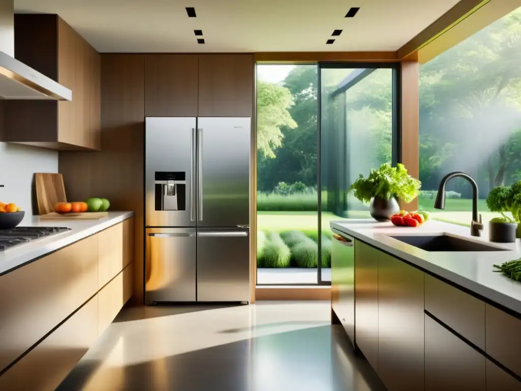 Conceptos electrodomésticos sustentables en una cocina moderna y luminosa con vistas al jardín