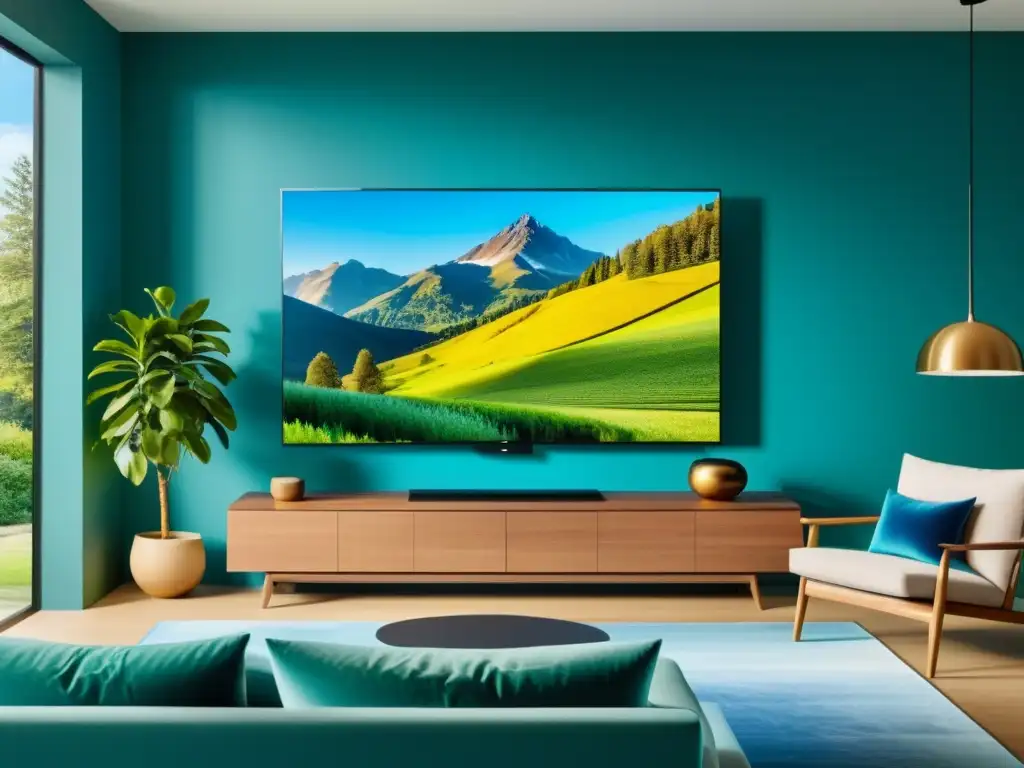 Conectividad Smart TV entretenimiento sala: TV moderna 8K en elegante sala, proyectando documental en alta definición con colores vibrantes