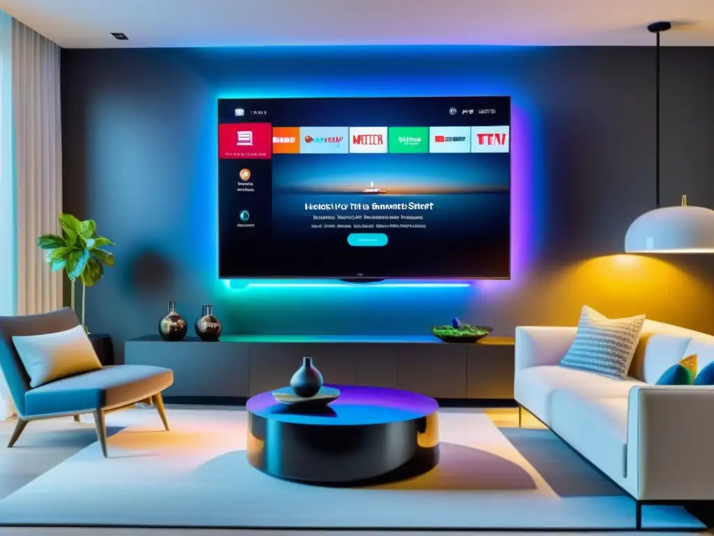 Conectividad Smart TV entretenimiento sala: Salón ultramoderno con TV inteligente, decoración elegante y luces vibrantes