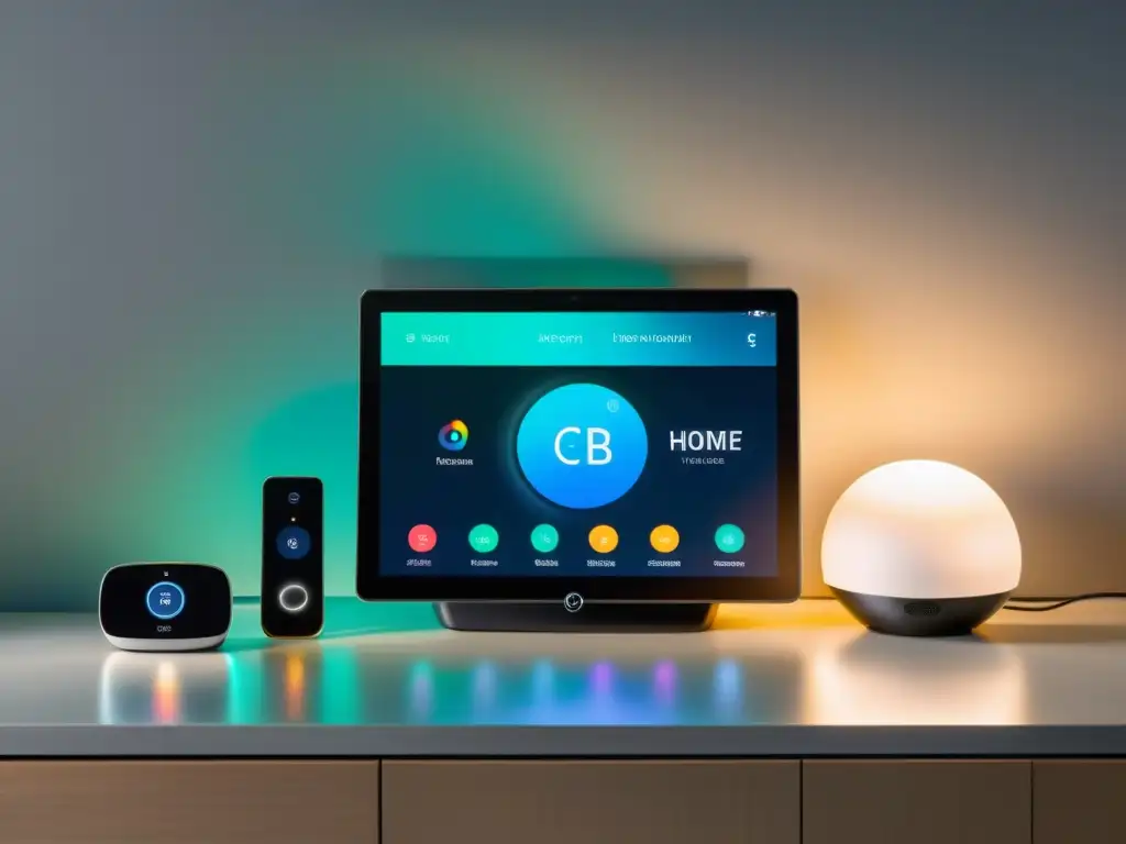 Una configuración de hogar inteligente moderna con dispositivos conectados y un panel de control central, mostrando la interoperabilidad en domótica