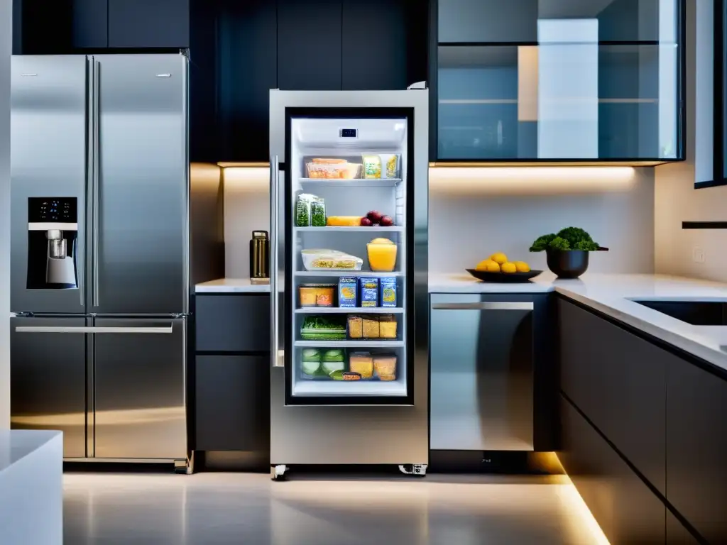 Un congelador vertical moderno y elegante exhibiendo alimentos congelados organizados en una cocina contemporánea bien iluminada