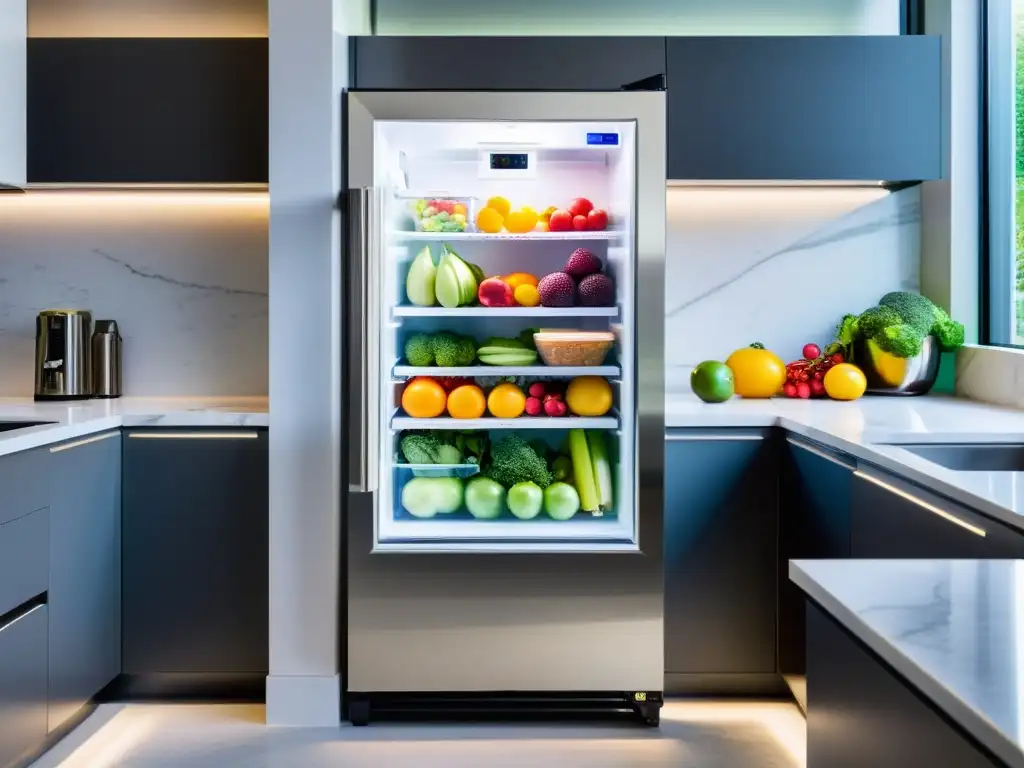 Un congelador vertical moderno y elegante con puerta de vidrio, exhibiendo alimentos congelados organizados y rodeado de una cocina minimalista con encimeras de mármol y electrodomésticos de acero inoxidable