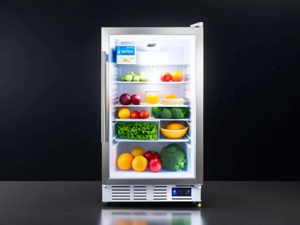 Un congelador vertical moderno y elegante con puerta de vidrio transparente, iluminación LED suave y organización impecable de alimentos congelados