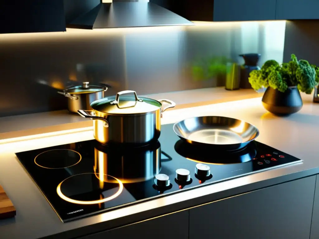 Consejos para elegir horno y placas de cocina: Una cocina moderna con elegantes placas de inducción y ollas iluminadas