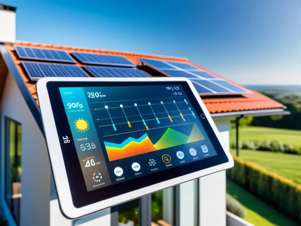 Control energía solar sistemas inteligentes: Casa moderna con paneles solares brillando al sol, sistema de gestión energética en acción