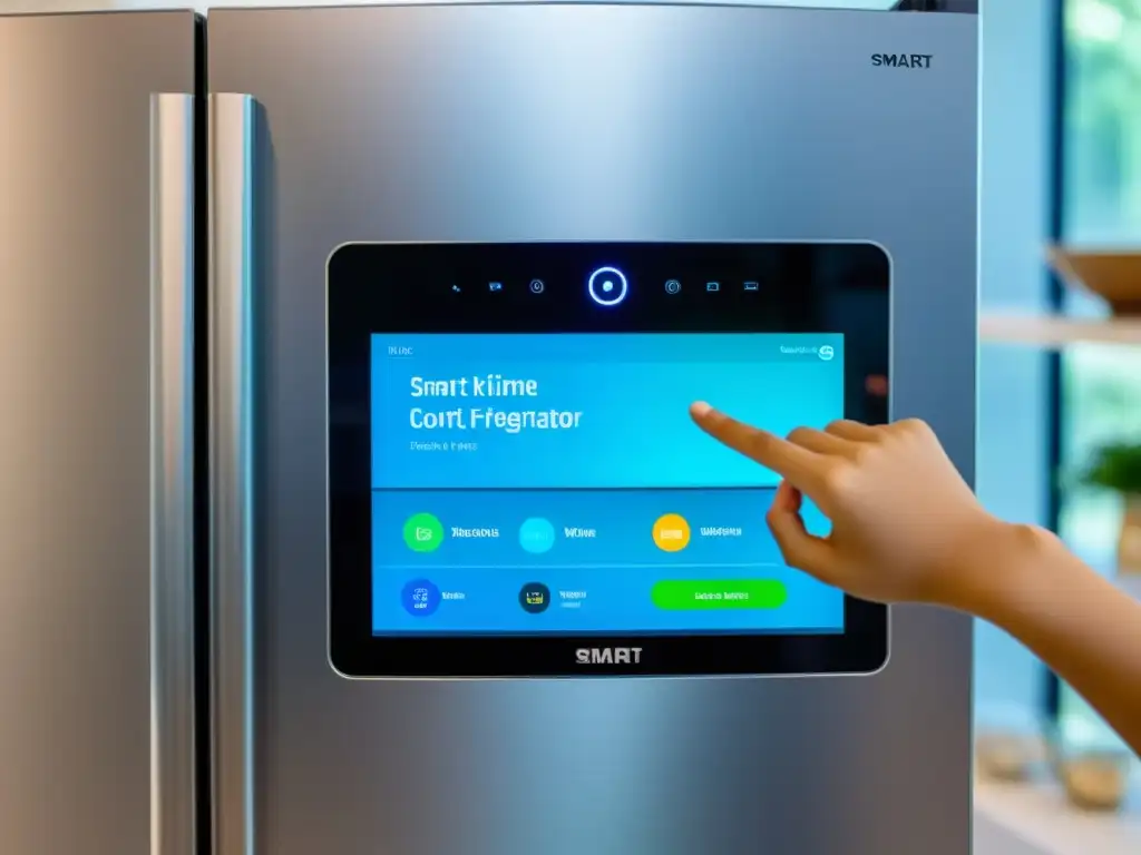 Control parental para electrodomésticos: Imagen detallada de un moderno refrigerador con pantalla táctil, mostrando ajustes para restringir apps y límites de tiempo, con la mano de un niño destacando la importancia del control en el hogar