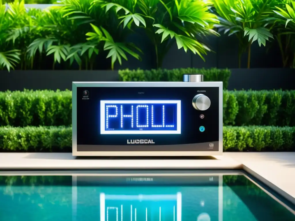 Control remoto de calidad del agua de la piscina con pantalla digital, rodeado de un entorno contemporáneo de lujo y tranquilidad