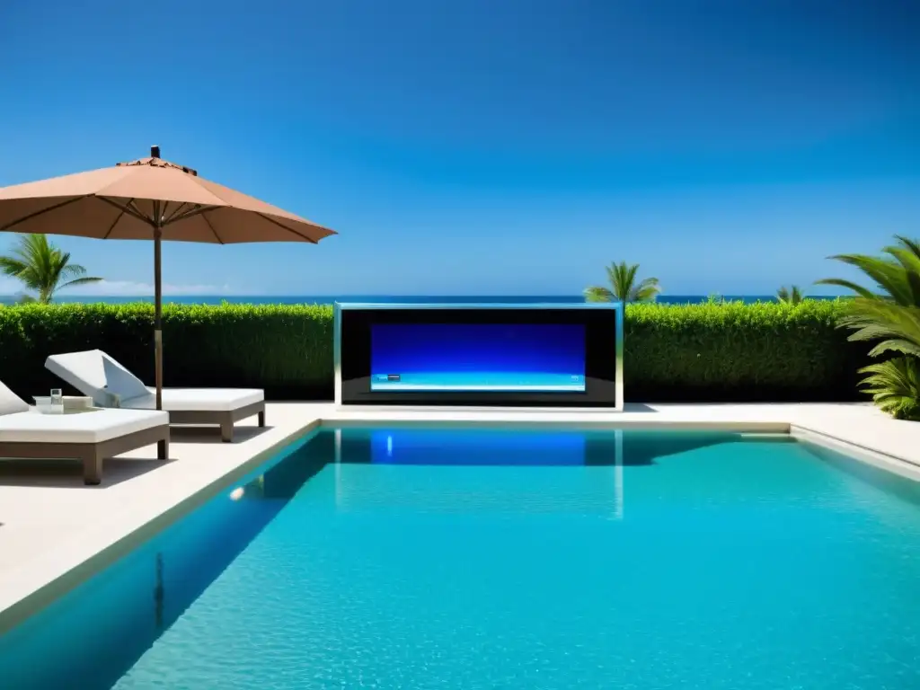 Control remoto de calidad para piscina con tecnología avanzada, rodeado de una atmósfera serena y agua cristalina reflejando palmeras y cielo azul