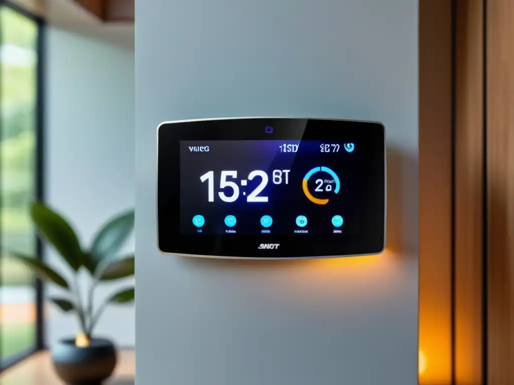 Control por voz aire acondicionado: Termostato inteligente de diseño futurista en elegante sala contemporánea con tecnología avanzada