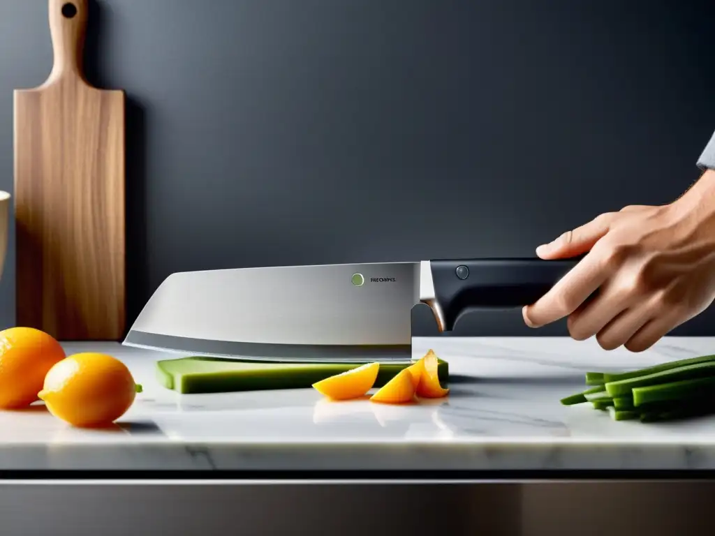 Un cuchillo eléctrico afilado automáticamente corta ingredientes en una cocina moderna y eficiente con electrodomésticos de acero inoxidable