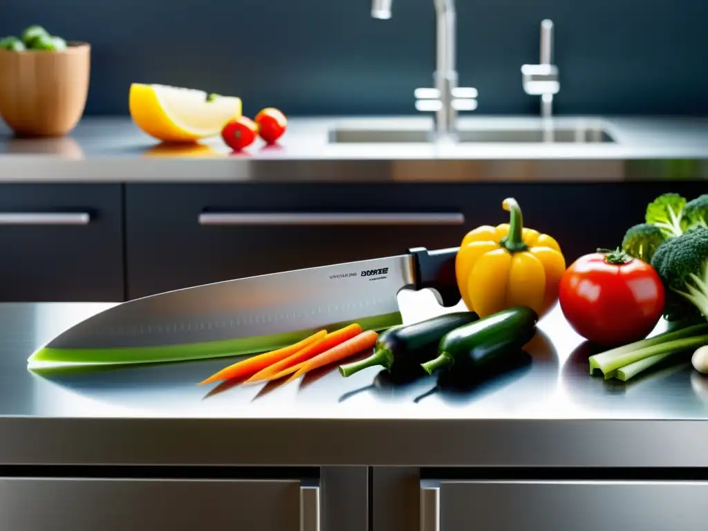 Un cuchillo eléctrico de alta gama cortando sin esfuerzo verduras frescas, destacando las ventajas cuchillos eléctricos sobre manuales en la cocina moderna