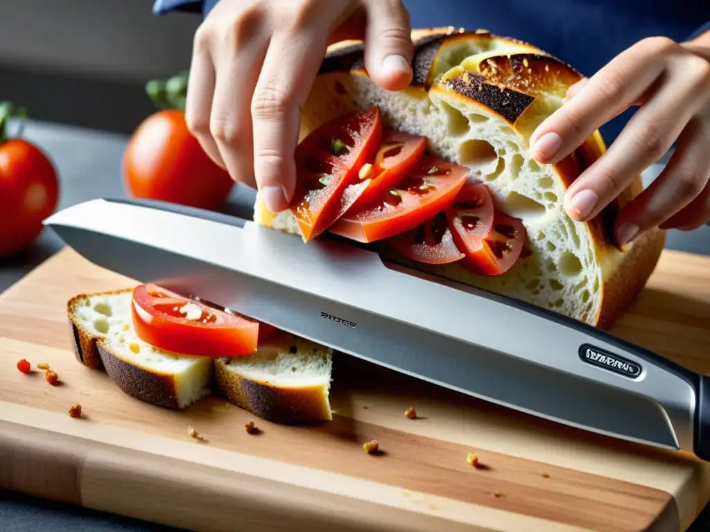 Un cuchillo eléctrico de diseño moderno y sofisticado corta con precisión tomate, carne y pan